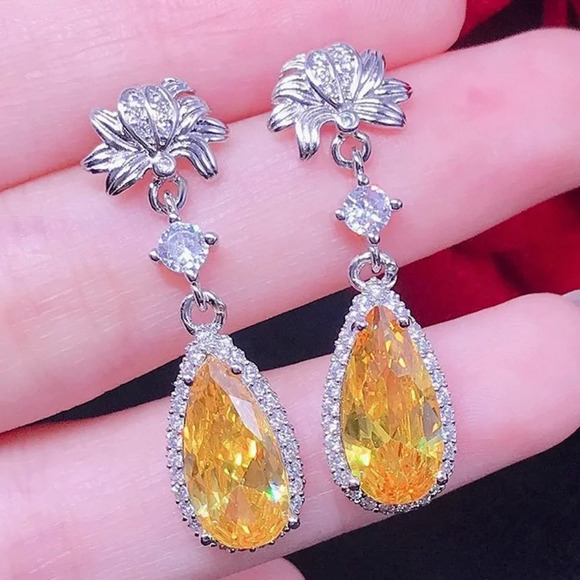 925 Silver Pear Cut Flower Shaped Yellow Earrings, FB16FA1041 - Picture 2 of 4